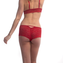 Load image into Gallery viewer, Duchess Lace Bralette and Hipster Panty in Passion Red on model backside view.