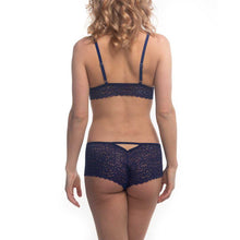 Load image into Gallery viewer, Duchess Lace Bralette and Hipster Panty in Venetian Blue on model back view