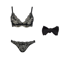 Load image into Gallery viewer, Fantasia lingerie set with matching bow tie in Black Sand.