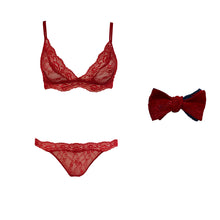 Load image into Gallery viewer, Fantasia lingerie set with matching bow tie in Passion Red.