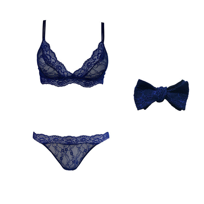 Fantasia lingerie set with matching bow tie in Venetian Blue.