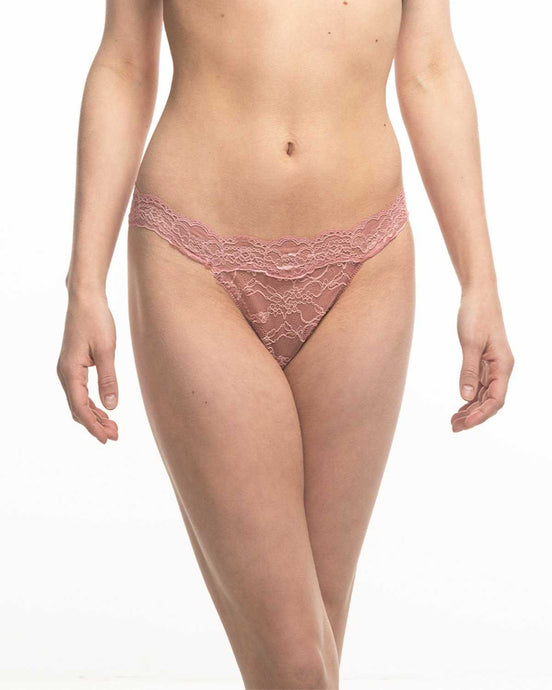 The Fantasia Lace Thong in Bellini Pink.