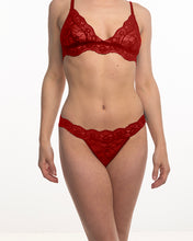 Load image into Gallery viewer, The Fantasia Lace Thong front view on model