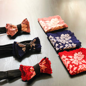 All 3 mezzanotte lace bow ties and pocket squares.