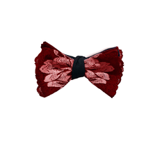 Load image into Gallery viewer, Mezzanotte Lace Bow Tie in Passion Red with two-tone floral pattern.