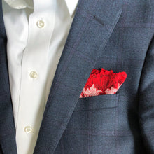 Load image into Gallery viewer, Mezzanotte pocket square in Passion Red folded into lapel pocket.
