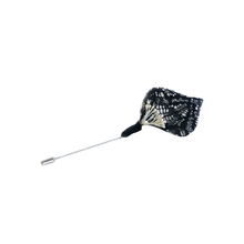 Load image into Gallery viewer, Lapel Pin with black lace and pearl center shaped like a calla lily flower with white background.