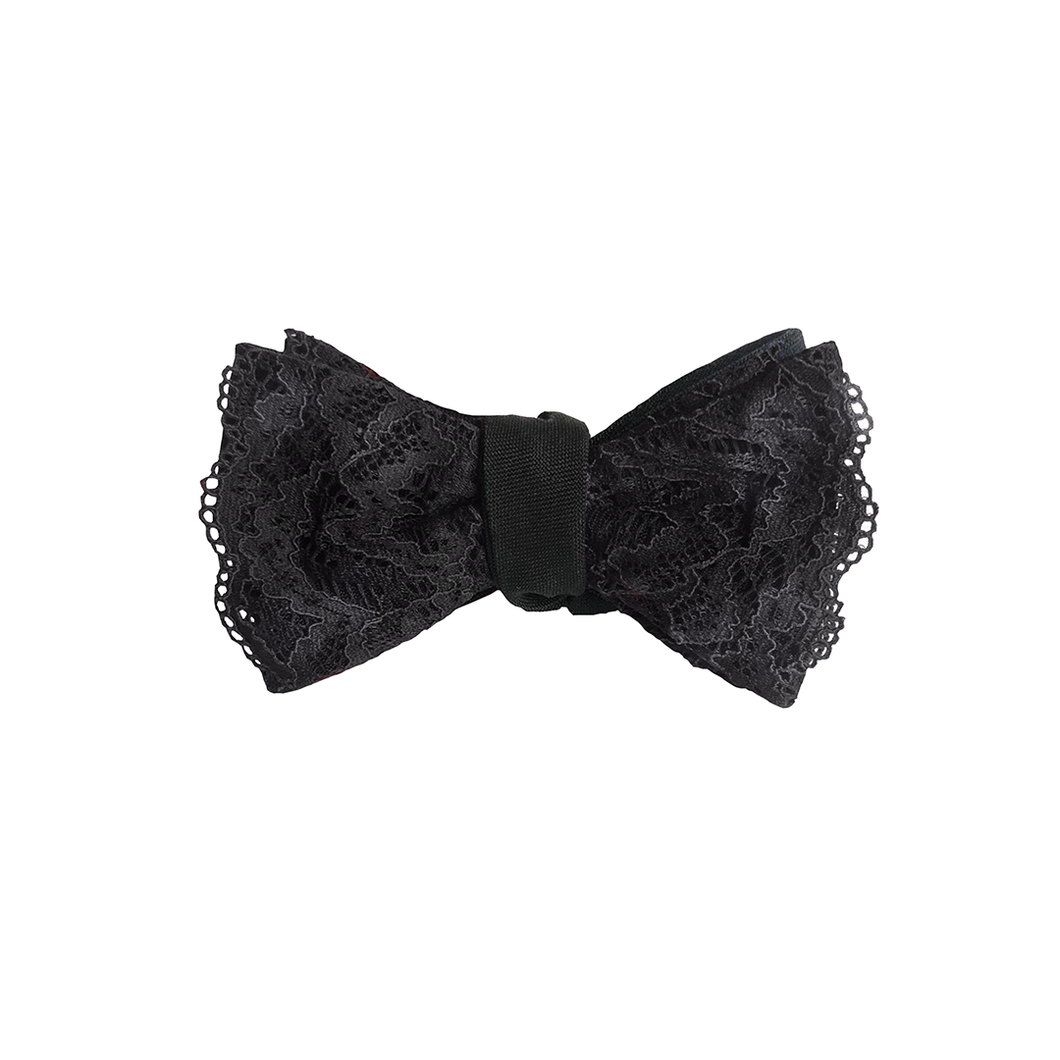 Black Sand colored lace bow tie. Self tie bowtie with silk backing.