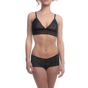 Duchess Lace Bralette and Hipster Panty in Black Sand on model facing forward.