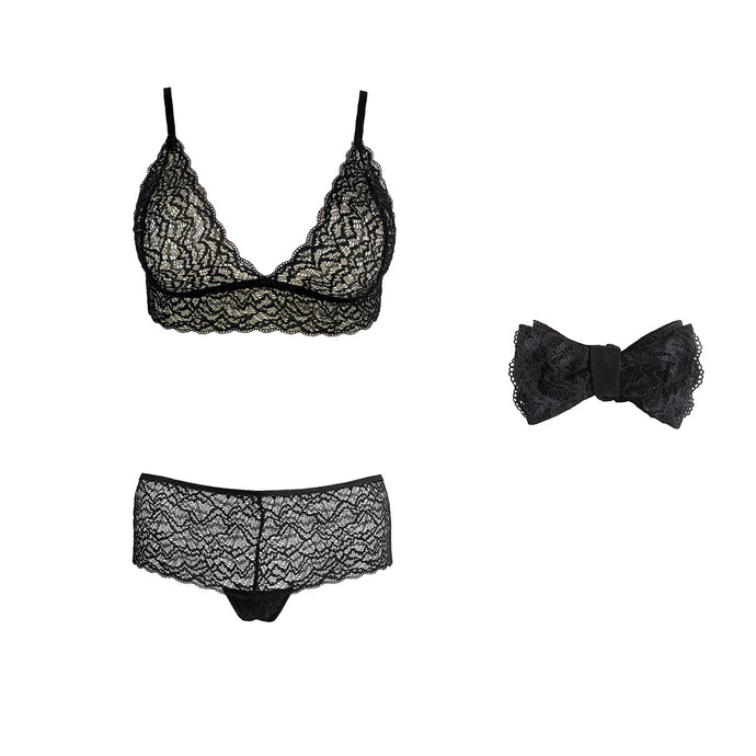 The Duchess lingerie set with matching bow tie in Black Sand.