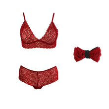 Load image into Gallery viewer, Duchess lingerie set with matching bow tie in Passion Red.