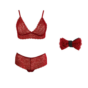 Duchess lingerie set with matching bow tie in Passion Red.