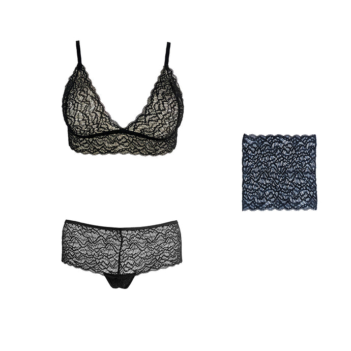 Duchess lingerie set and matching pocket square in Black Sand.