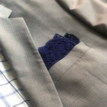 Load image into Gallery viewer, Duchess lace pocket square in Venetian blue on grey suit.