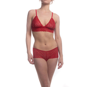 Duchess Lace Bralette and Hipster Panty in Passion Red on model front view.