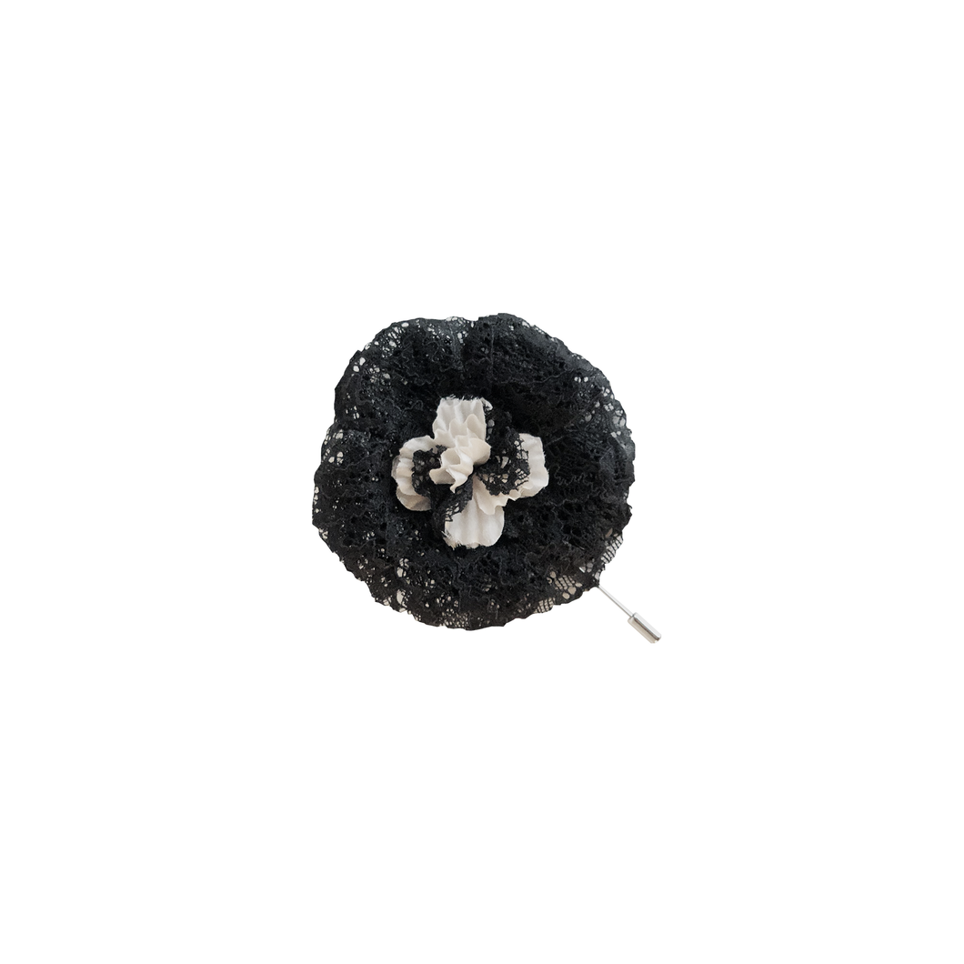 Duchess Lapel Pin with black lace and silk center.