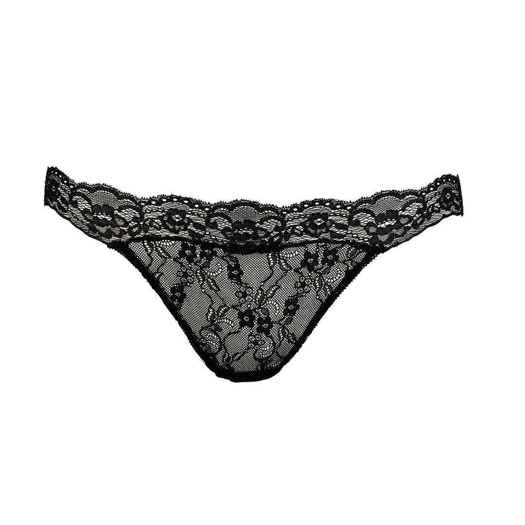 Front facing Fantasia Lace Thong in Black Sand.