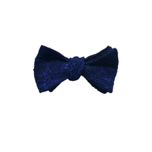 Load image into Gallery viewer, Fantasia bow tie with Venetian Blue lace and silk backing. Adjustable from 13 3/4&quot; to 18&quot;.