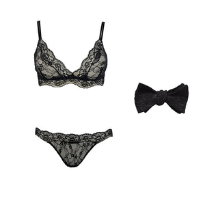 Fantasia lingerie set with matching bow tie in Black Sand.