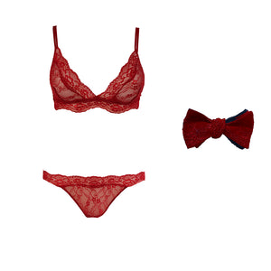 Fantasia lingerie set with matching bow tie in Passion Red.