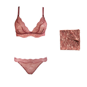Fantasia lingerie set with matching pocket square in Bellini Pink.