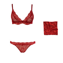 Load image into Gallery viewer, Fantasia lingerie set with matching pocket square shown in Passion Red.