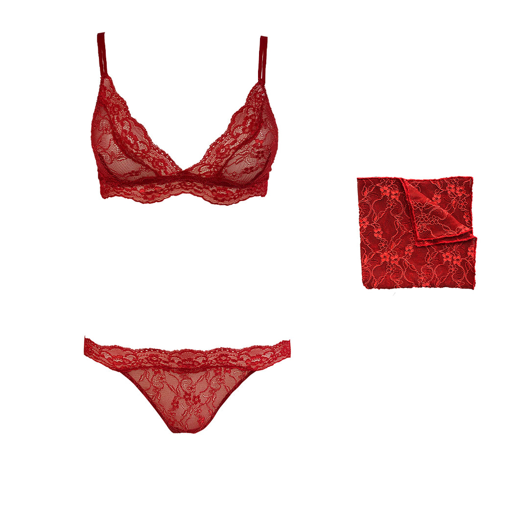 Fantasia lingerie set with matching pocket square shown in Passion Red.
