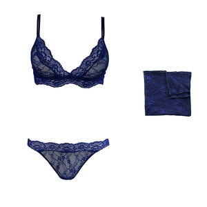Fantasia lingerie set with matching pocket square shown in Venetian Blue.