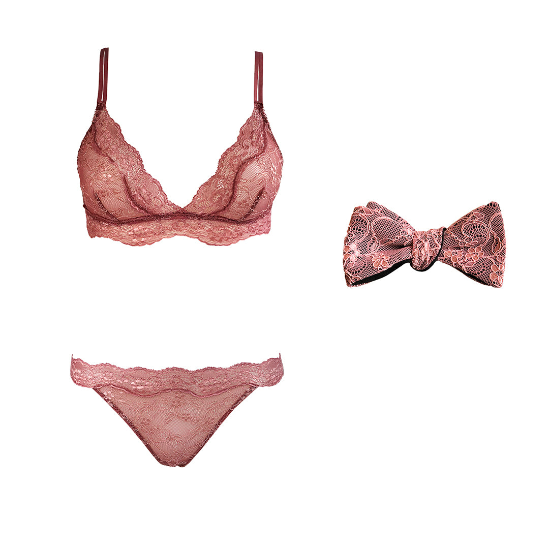 Fantasia Lingerie Set and Bow Tie - Bellini Pink Subtle Silk