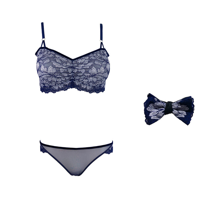 Mezzanotte lingerie set with matching bow tie in Venetian Blue.