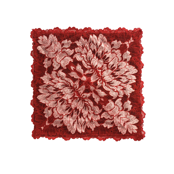 Mezzanotte Lace Pocket Square in passion Red with two-tone floral lace and silk backing.