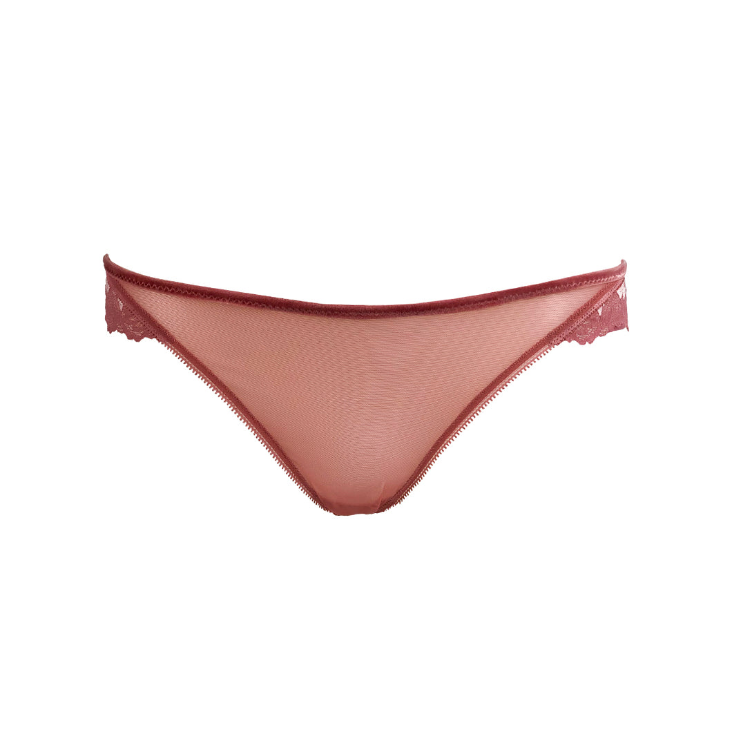 Mezzanotte Lace Cheeky Panty in Bellini Pink front facing.